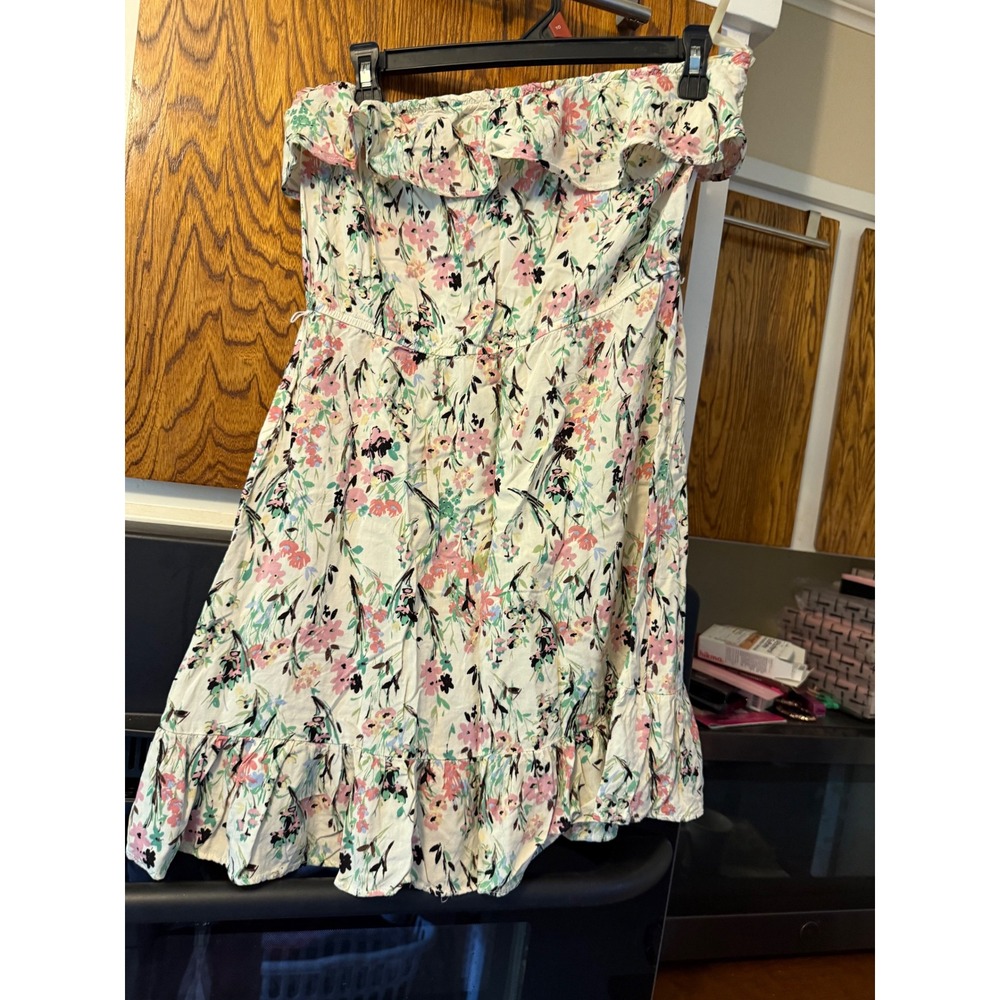 Accidentally in Love Floral Strapless‎ Ruffle Mini Dress Cream Pink Green Medium